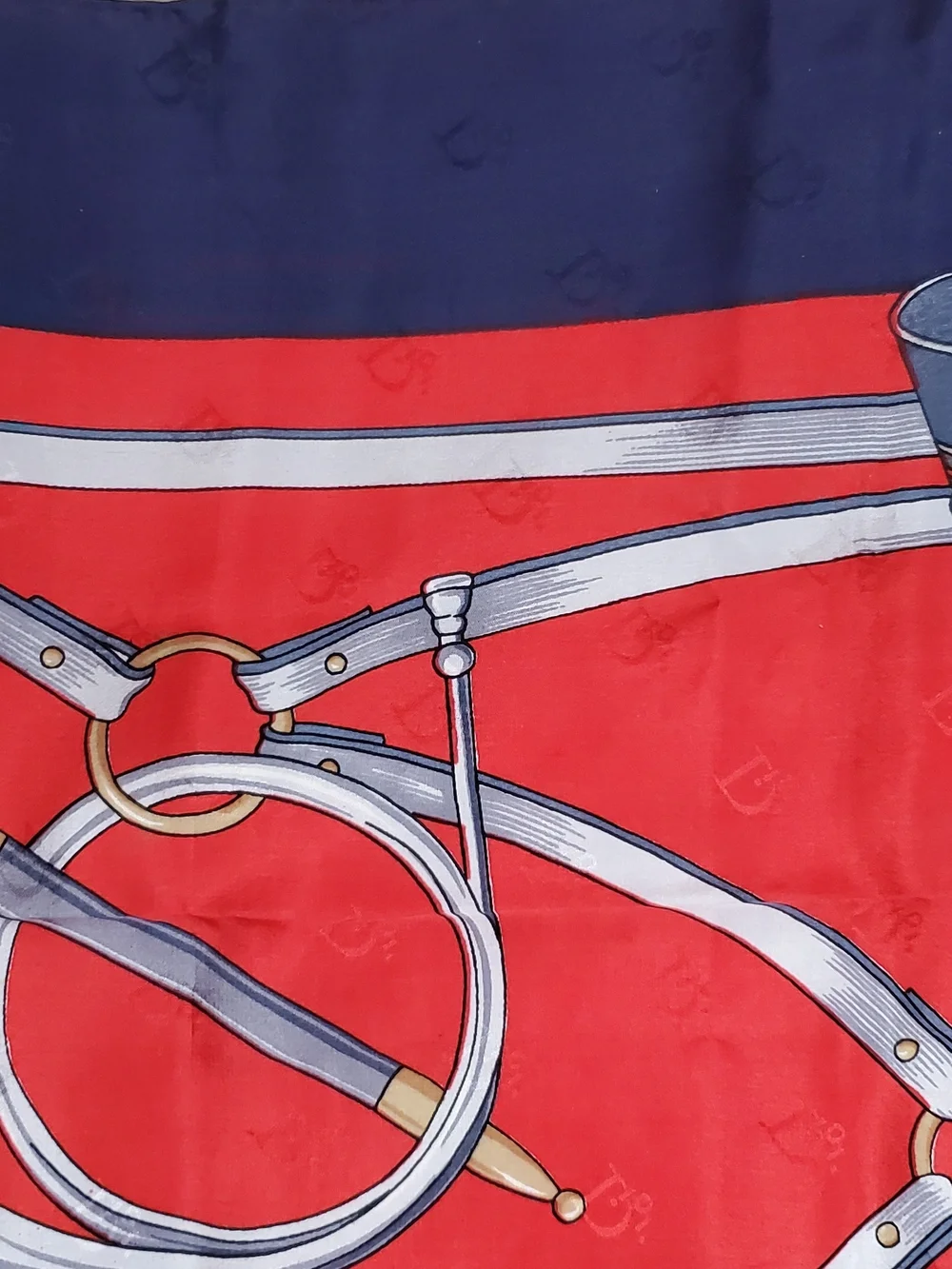Vintage Christian Dior Silk Scarf Equestrian Hunting Weapon Motif Red Navy Blue